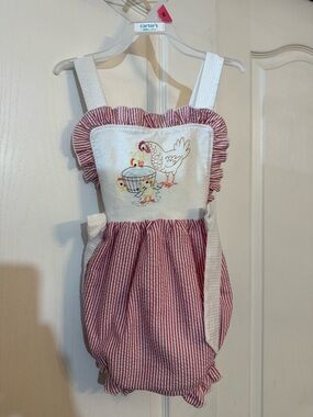 Red & White Striped Girls' Romper with Hen & Chicks Embroidery